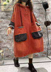 Vestido largo vaquero con bolsillos y capucha naranja de talla grande para otoño